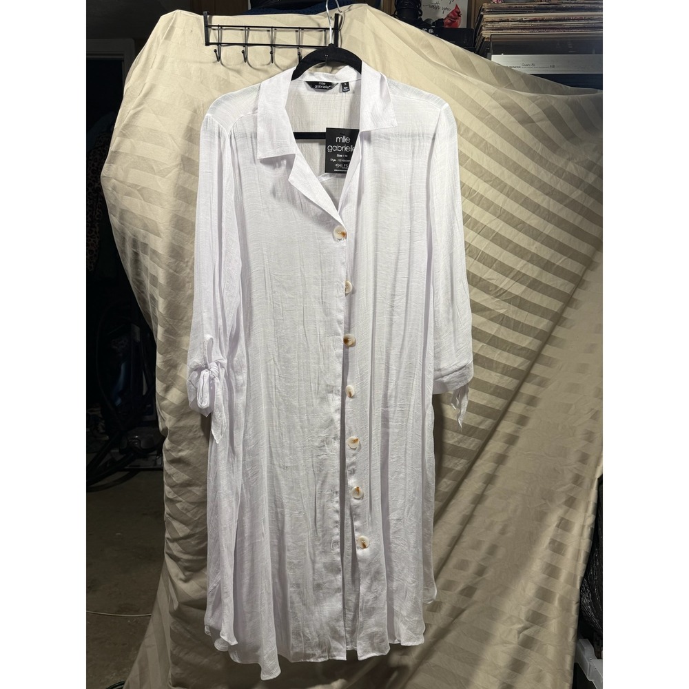 Mlle Gabrielle White Textured Button Down Shirt Dress Tunic Tie Sleeve 1X NWT